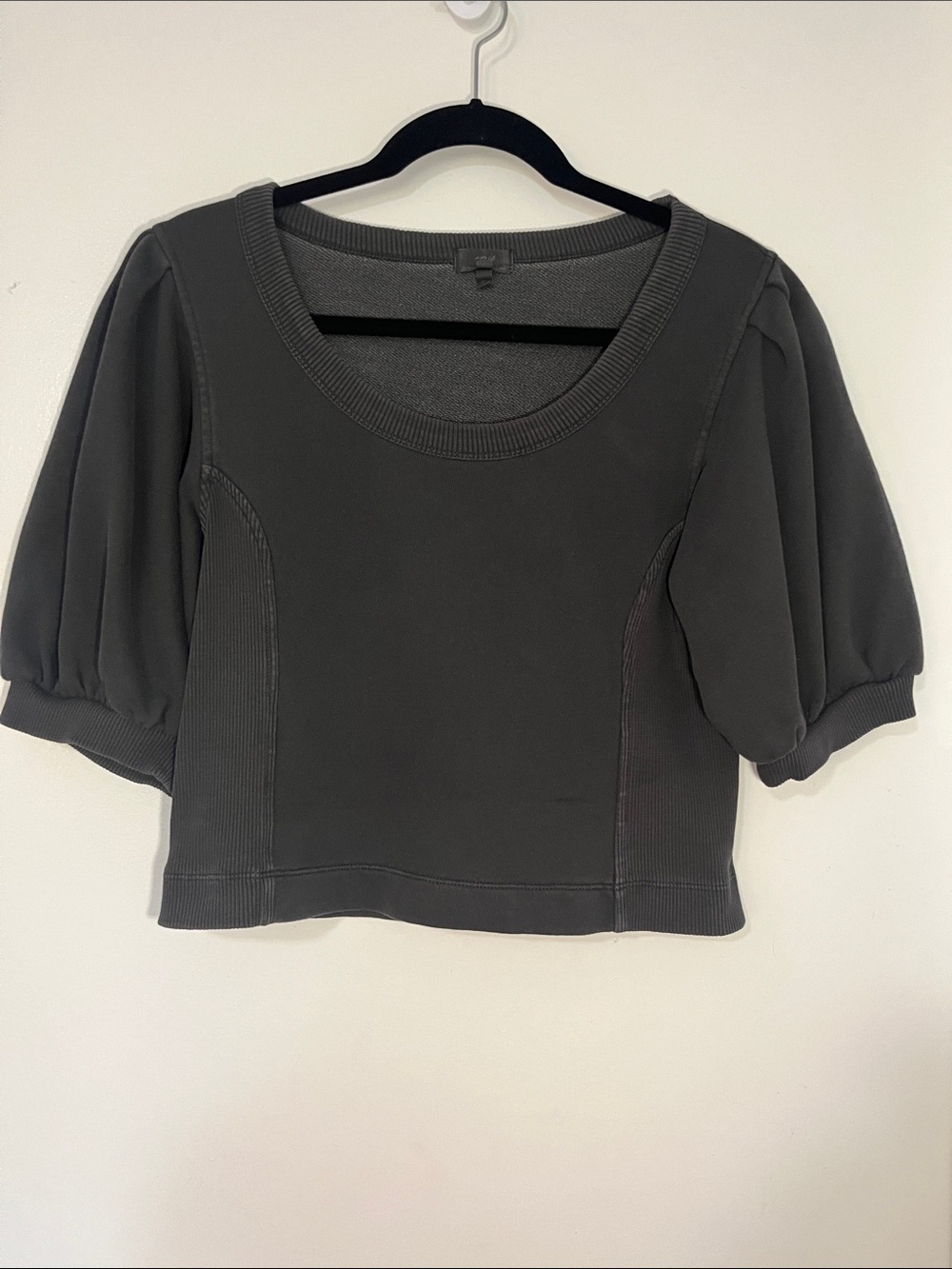 Aerie Seams Right Puff Sleeve Cropped Sweatshirt Charcoal Black Size S|P